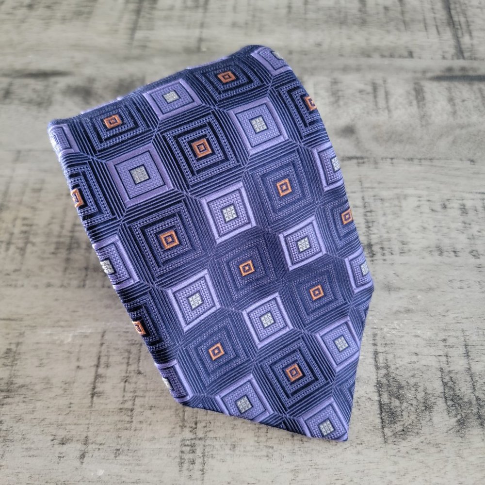 Robert Talbott Lavender Navy and Gray Geometric Print Silk Tie 56.…